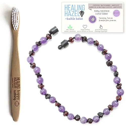 Healing Hazel + baltic bébé – 100% Certified Baltic Amber Pop Clasp Baby Necklace with Gemstones, Amethyst, 10.5 inches (Reduce Drooling & Teething Pain) Bundle with Kids Bamboo Toothbrush