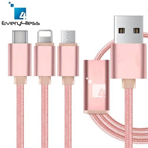 Rose Gold USB 3 in 1 Braided Cable Extension Type-C Lightning Micro Adapter Charging Charger Gold for iPhone 5S 6 6S 7 Plus iPad iOS Android MacBook Samsung Fast Sync Quick Connect Every4Less