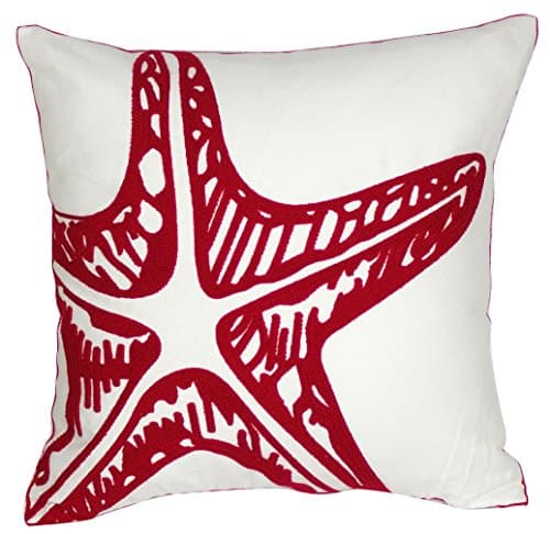 DECOPOW Embroidered Nautical Decor Pillow Covers,Square 18 inch Decorative Canvas Pillow Cover For Nautical Style Deco By (Red-Starfish)