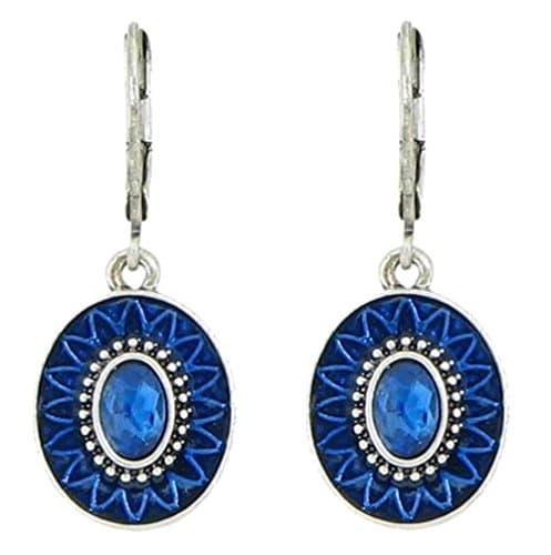 Silver-Plated Oval Victorian Style Austrian Crystal Leverback Dangle Earrings (Blue)