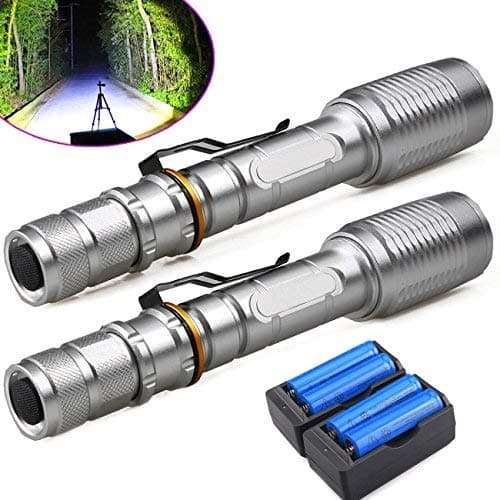 FlashDealer LED Flashlight, 2 Pack 5 Modes High Lumens Zoomable LED Flashlight Torch Tactical Flashlight with 18650 Battery and Charger for Camping, Hiking