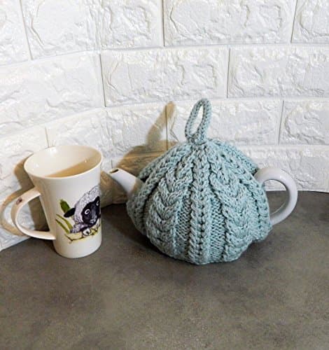 Duck egg blue, cable stitch, Hand knitted, Tea cosy, handmade teacosies, fits a 4 cup tea pot