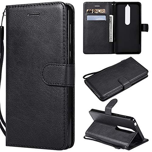 MGVV Nokia 6 Phone Case, Slim Fit Flip PU Leather Wallet Case with 3 ID&Credit Cards Pocket & Kickstand Function for Nokia 6 with Wrist Strap Black