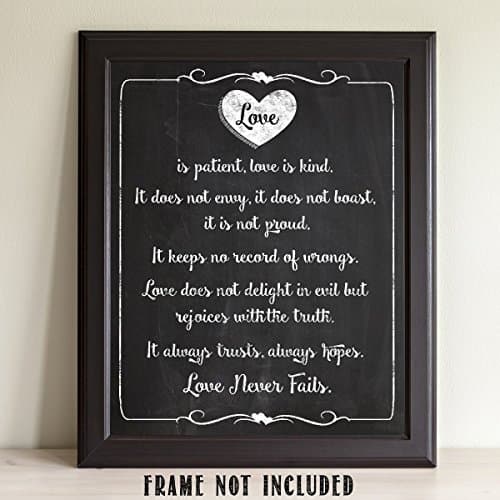 Love is Patient Chalkboard Look - Scripture Wall Art and Bible Verse Decor, Christian Family Home Decoration, Religious Wedding and Housewarming Gifts, 11x14 Unframed Typography Art Print Poster