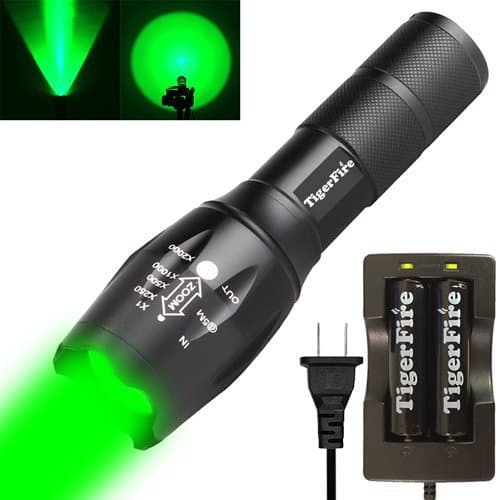 TigerFire 500 Lumen Tactical Flashlight - CREE XP-G R5 LED, 5 Modes, Adjustable Focus, Water Resistant, Two 18650 Rechargeable Batteries and Dual Charger Included - Green Light