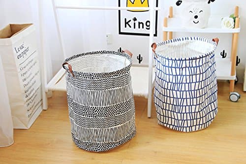 Large Canvas Storage Bin, ISUDA Heavy Duty Cotton/Canvas Storage Basket for Nursery or Kids' Room- Toy Box/Toy Storage/Toy Organizer for Boys and Girls - Laundry Basket/Nursery Hamper - Blue Lines