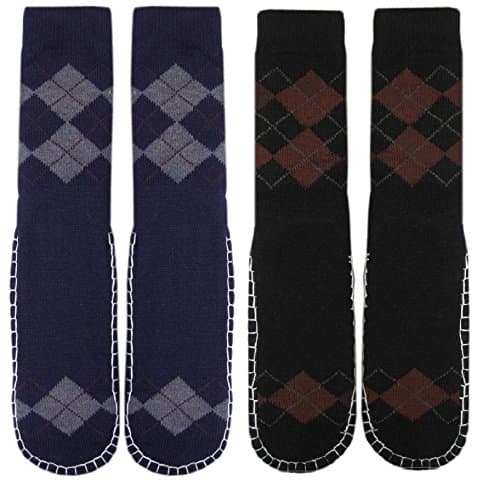 Adults 2-Pack Jacquard Knitted Slipper Sock, Argyle NvyGrey/BlackCoffee, Bottom Size: 27-28cm