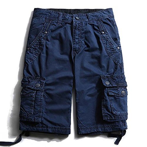RockJay Summer New Cargo Shorts Men Cotton Solid Mid-Waist Casual Plus Size Multi-Pocket Men Shorts Blue 32