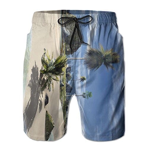 COOLSODAY Man's Beach and Coconut Trees Casual Stretch Board Short Trunk Quick Dry Shorts With Pockets