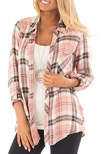 Amborido Women's Soft Plaid Button Down Long Sleeve Shirt Top 3/4 Length Roll up Sleeves