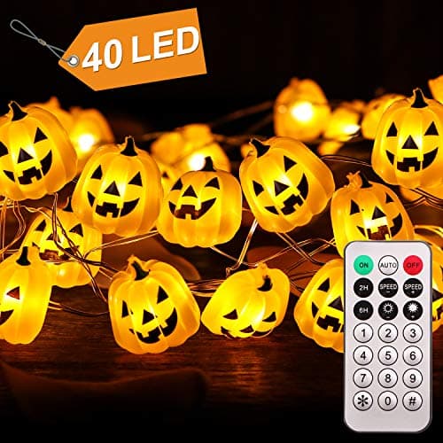 BOBOO Halloween Pumpkin String Lights - 40 LED 13.12ft Battery Box Operated with Remote Timer Halloween Decorations Jack-O-Lantern Lights (Yellow)