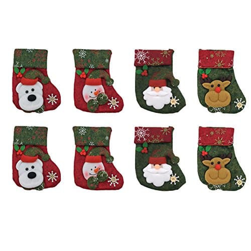 Christmas Tableware Holder - Mini Stocking, Christmas Cutlery Dinnerware Bag Cover - Dining Decorations Snowman Reindeer Santa Bear - Green Dark