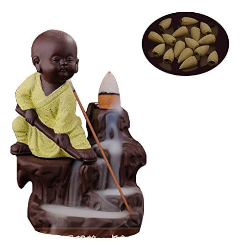 Incense Burner Ceramic Little Monk and Buddha Home Ornaments Backflow Incense Holder (yellow 2)