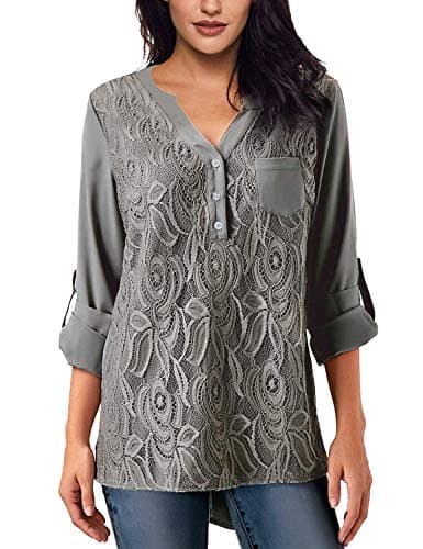 Jevole Womens Casual Long Sleeve Solid Cuffed Button Floral Lace Chiffon Blouses Top