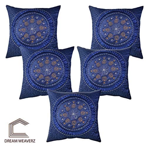 Dream Weaverz Soft Polyester 5 Piece Floral Embroided Square Shape Cushion Cover Set for Sofa/diwan - 16" X 16", Blue