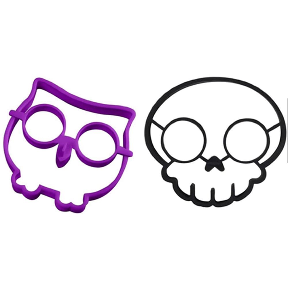 HomeyHouse Kitchen Cooking Tools Silicone Fired Egg Mold Ring, Purple Owl Shaped Egg Ring & Black Skull Shaped Egg Ring, Set of 2