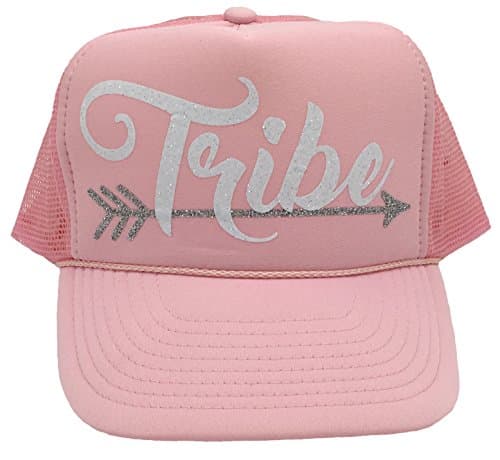 Bachelorette Party Bride Tribe Mesh Trucker Snap Back Hat (Solid Light Pink Hat; White Tribe)