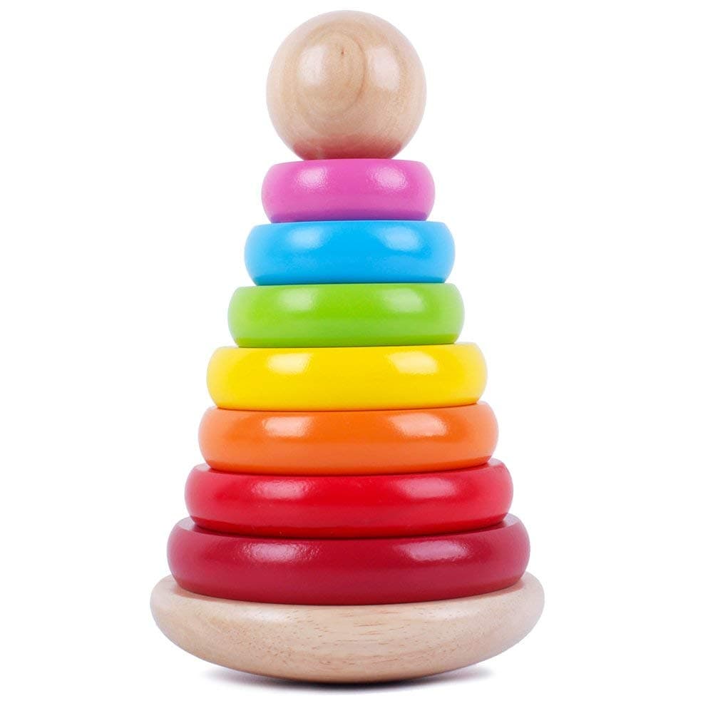 Wooden Rainbow Ring Stacker Toy Stacking Ring Tower Games Early Educational Development Toys for Babies and Toddlers