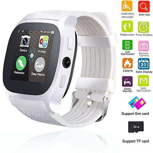 Smart Watch Bluetooth Unlocked Wristwatch Cell Phone With Camera SIM TF Card Slot Sport Fitness Tracker Sweatproof for Men Women Boys Girls for Android Smartphones Samsung Motorola LG HTC (White)