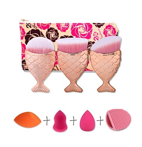 3 pcs Multifunction Mermaid Fish Scale Makeup Brushes Powder Blush Foundation Cosmetic Tools Contour BB Cream Brush with Fashion Cosmetic Bag Makeup Sponge Brush Egg Cleaner kit set (Gold)