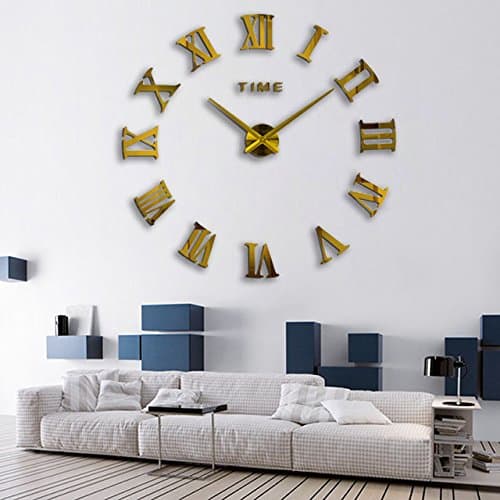 Suatimn 3D Large Roman Digital Sticker Wall Clock DIY Modern Design Acrylic Metal Mirror Clock Adjusted According to Wall Size Gold 37inch