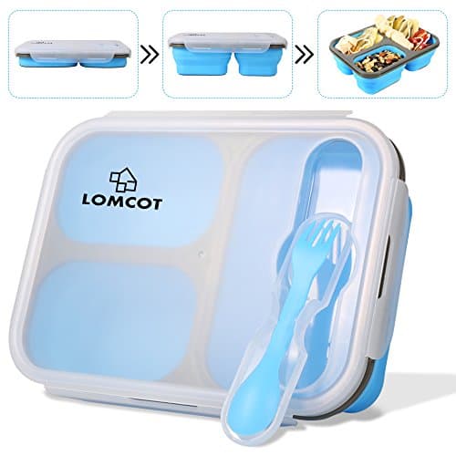 Bento Lunch Box, LOMCOT Leakproof 3 Compartment Bento Box Collapsible Eco Durable BPA Free Meal Prep Containers Lunch Box with Spork for Adults, Kids (Blue)