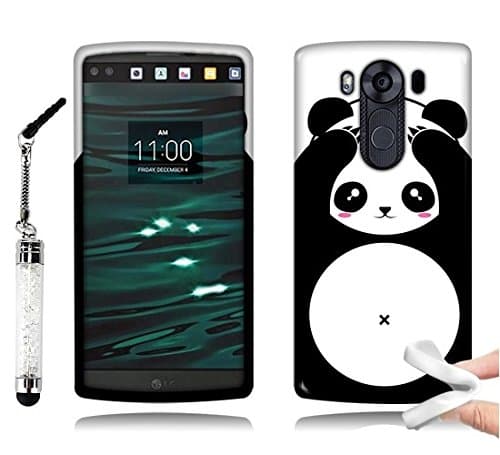 Tadnil Bundle LG V10 Flexible Slim Silicone TPU Skin Protector Cover Case - Panda Bear Black White + Crystal Stylus