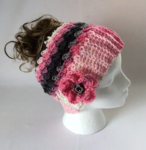 Handmade Messy Bun Hat Grey Pink Beanie Wood Button Pony Tail Holder Crochet Flower
