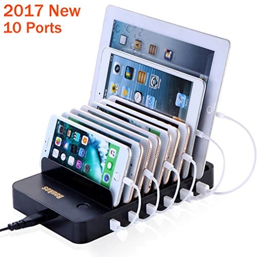 10 Ports Charging Station, Roukos USB Dock Organizer for Smart Phones & Tablets with Built-in Patented Retractable Charging Cables for Cord Management (Black)