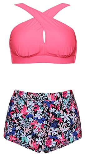 High Waisted Floral Bikini Front Cross Red Tribal Plus Size Swimwear-KJX005-RTFB6