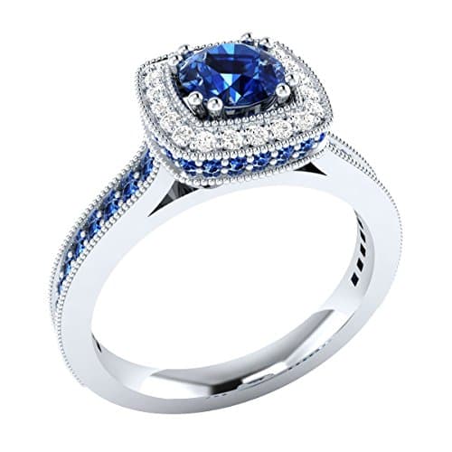 0.10 cttw Diamond Solid 14k White Gold Wedding Engagement Ring W/ Simulated Blue Sapphire 8