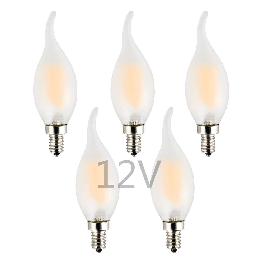 OPALRAY Low Voltage DC 12V 2W LED Candelabra Bulb, Dimmable with 12Volt DC Dimmer, 2700K Warm White Light, E12 Small Base, 25W Incandescent Replacement, Solar System 12V Battery Power, 5-Pack