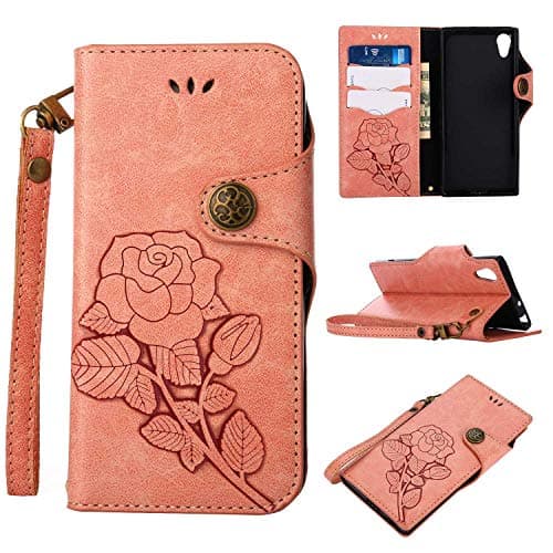 Sony Xperia XA1 Protective Case, UNEXTATI Vintage Rose Pattern Stand PU Leather Flip Cover, Wallet Case Cover with Hand Strap for Sony Xperia XA1 (Pink)