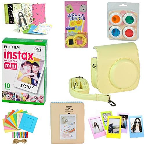 Fujifilm Instax Mini 8 Camera 8-in-1 Accessories Bundle - YELLOW (10-sheet Print Pack, Case, Album, Close-Up Lens, Selfie Lens, Mini Frames, Polaroid Sticker Set, Wall Hanging Frame)