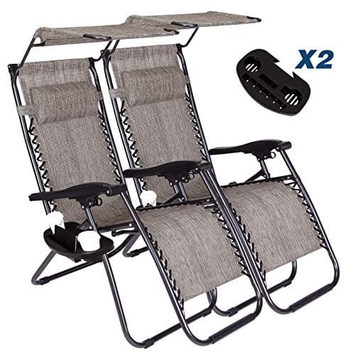 Vosson Folding Zero Gravity Lounge Chair 2 Pack Adjustable Zero Gravity Chair with Pillow, Canopy, Shade Cup Holder Tray for Patio Beach Yard