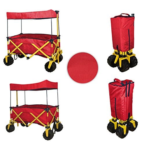 RED JUMBO WHEEL FOLDING WAGON ALL PURPOSE GARDEN UTILITY BEACH SHOPPING TRAVEL CART OUTDOOR SPORT COLLAPSIBLE WITH CANOPY COVER - EASY SETUP NO TOOL NECESSARY - COMPACT FOLDED SIZE SPACE SAVING