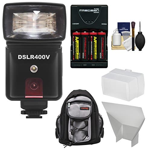 Precision Design DSLR400V High Power Auto Flash with LED Video Light with Batteries & Charger + Diffuser + Bounce Reflector + Backpack + Kit for Samsung Galaxy NX, NX30, NX300, NX2000 Cameras