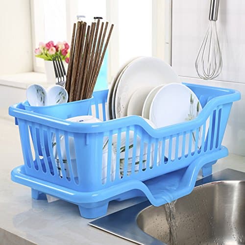 XHHOME Environmental PP Plastic Kitchen Sink Dish Drainer Set Rack Washing Holder Basket Organizer Tray, Approx 17.5" x 9.5'' x 7'' (Blue)
