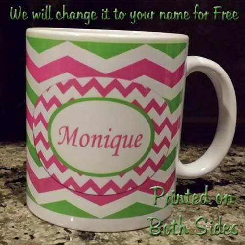 Personalized Custom Name Coffee Mug (Chevron Pink/Green)