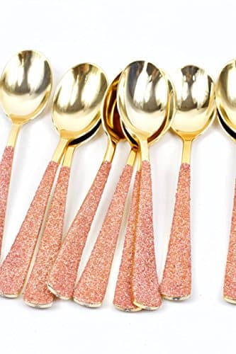 15pc+ Gold Plastic Glittered Rose Gold Disposable Spoon