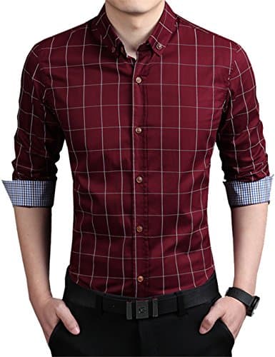 XI PENG Men's Western Plaid Gingham Fitted Button Down Long Sleeve Dress Shirts (Medium, Wine Red)