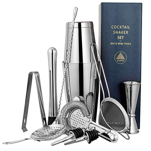 11-Piece Silver Boston Cocktail Shaker Set Bartender Kit | Drink Mixer Bar Set | Cocktail Set Bar Accessories: Martini Shaker, Strainer, Jigger, Muddler, Spoon, & More