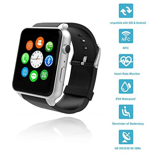 Wingtech Bluetooth Wireless GT88 Smart Watch Pedometer Activity Tracker Heart Rate Monitor Watch with Camera Sim Card Slot for iOS/Android Smartphones (Sliver)