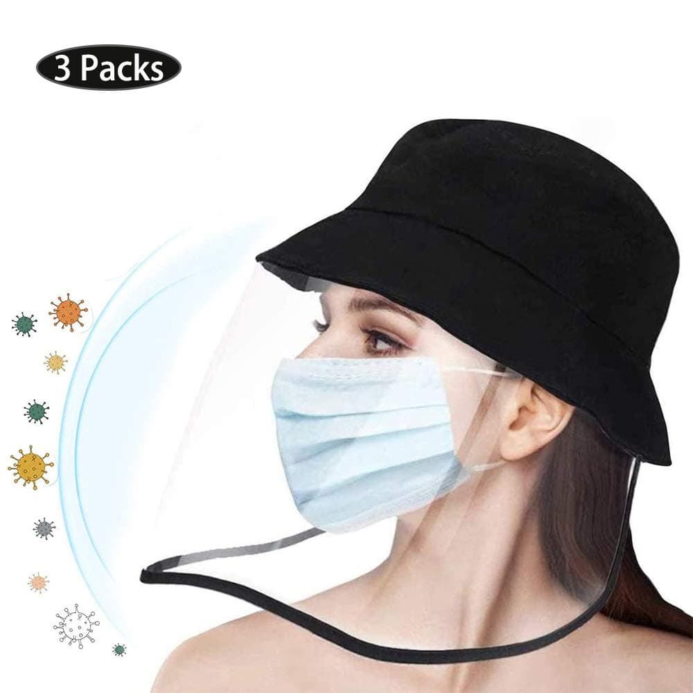 Safety Face Shield Visor Clear Facial Head Eye Coverage Anti Spitting Protective Hat Cover Outdoor Fisherman Adjustable Size UV Dust Removable for Men and Women and Kid, Pack of 3 Black