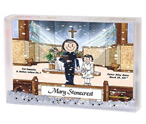 Personalized Friendly Folks Cartoon Snow Globe Frame Gift: Communion, Girl - Female Priest Great for First Communion, ceremony