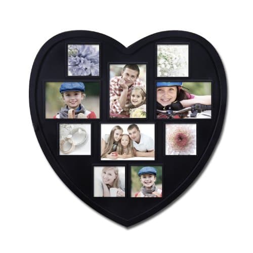 Deco De Ville 10 Opening Plastic Heart Shape Decorative Puzzle Collage Picture Photo Frame, Wall Hanging, Black