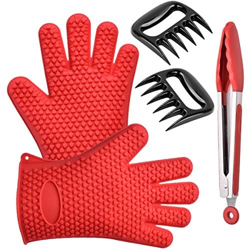 Kitchen & BBQ Grill Tool Set - Wosweet Silicone Heat Resistant Cooking Gloves With Tongs & Bear Claw - Use as BBQ Meat Turner or Oven Mitts