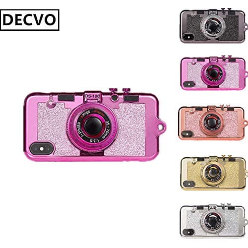 DECVO iPhone Xs Max case, New Modern 3D Cool Vintage Style Bling Camera Design Soft Case PC + Silicone Cover with A Mirror & Long Strap Rope for 6.5" Apple iPhone Xs Max for Women (Rose)