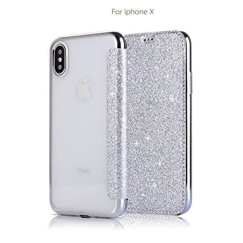 iPhone X Wallet Case, B4Uebuy Shiny Glitter Bling Sparkle Drop Protection Shockproof Luxury Clear Transparent TPU Back Wallet With Card Slot for iPhone X (Silver)