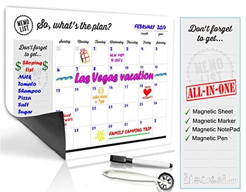 Refrigerator Calendar Kit – Includes Magnet Board/ Magnetic NotePad / Magnetic Dry Erase Marker + Eraser Top / Design Magnetic Pen – Easily Write & Wipe (White)